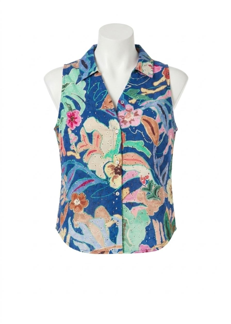 NEW FDJ perrine printed eyelet sleeveless shirt in pop camo floral